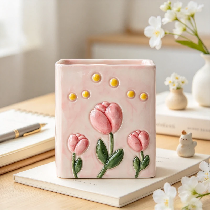 Flower Pen Holder Makeup Brush Bucket Ceramic Desktop Cute Girl Pen Holder Office Stationery Shelf Children Student