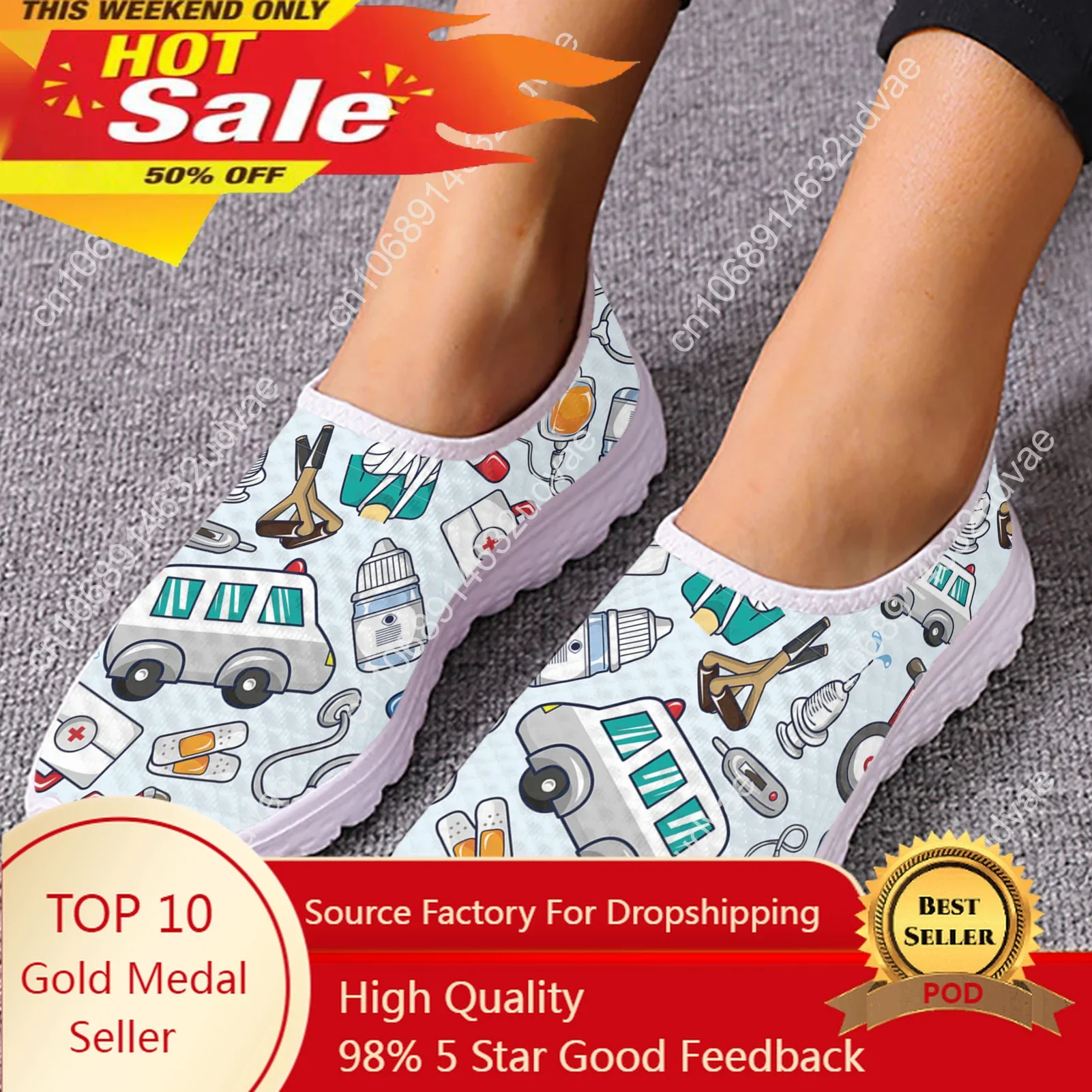 

Trendy Ambulance Medical Box Printing Lightweight Breathable Summer Shoes Soft Sole Nurse Shoes Walking Shoes