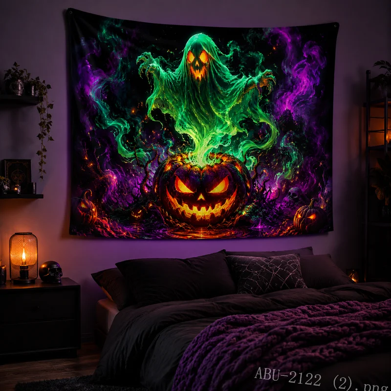 VIKAMA Psychedelic Ghost Pumpkin Tapestry Purple Green Smoke Gothic Halloween Wall Hanging Bedroom Dorm Decor, Home Decor