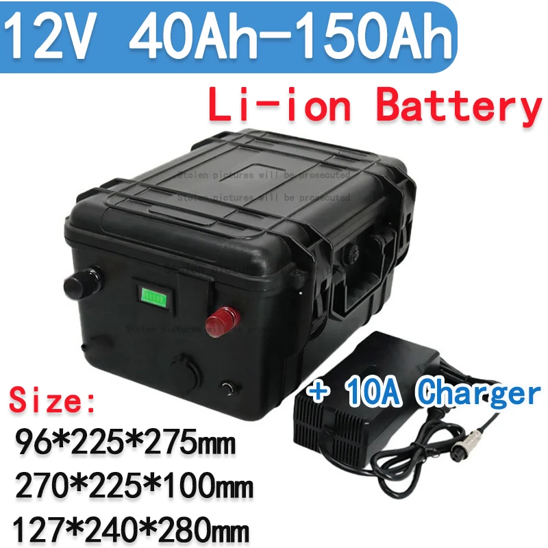 Waterproof 12v 100ah lithium battery 12v 40AH 60AH 80AH 120AH 150AH USB Solar Energy Storage Battery fishing boat + 10A charger