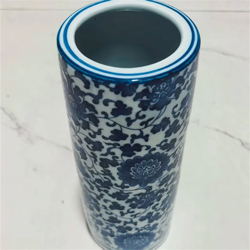 Chinese Old Blue White Porcelain round Vase Entangled Lotus Pattern Traditional Asian Decorative Floor Standing Artwork