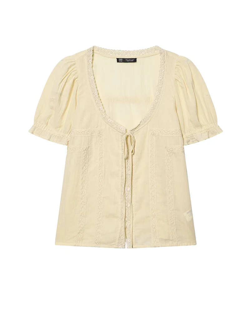 

Women's Lace Trim Puff Sleeve Blouse Tie Front Button Down Shirt for Summer & Casual Tops