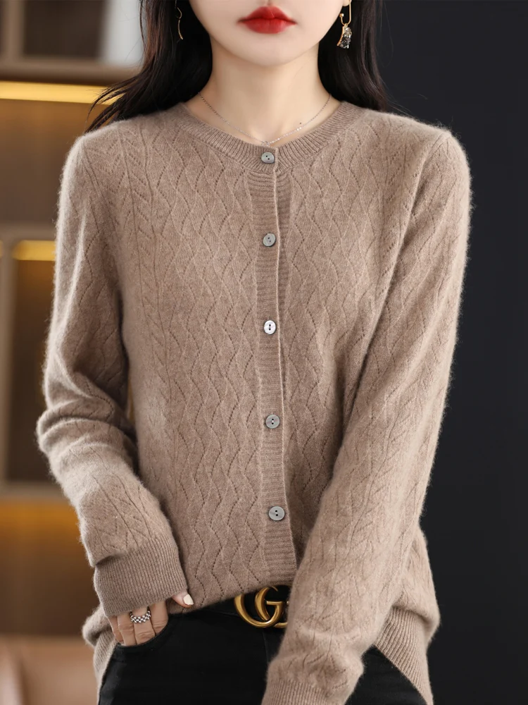 New 100% Merino Wool Sweater Women Cashmere Cardigan O-neck Hollow Out Wave Cut Knitwear Grace Fashion Comfortable Clothing Tops