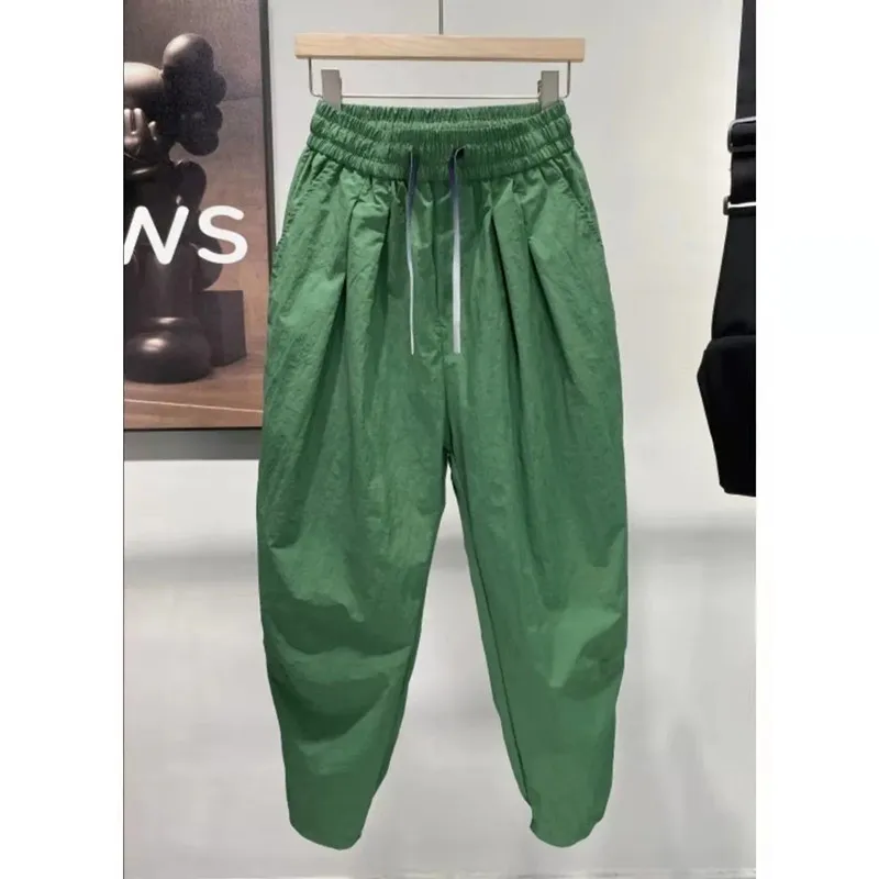 Pantalones elásticos holgados para hombre, ropa informal de seda de hielo de nueve puntos, moda coreana, Color sólido, combina con todo, novedad de verano 2024