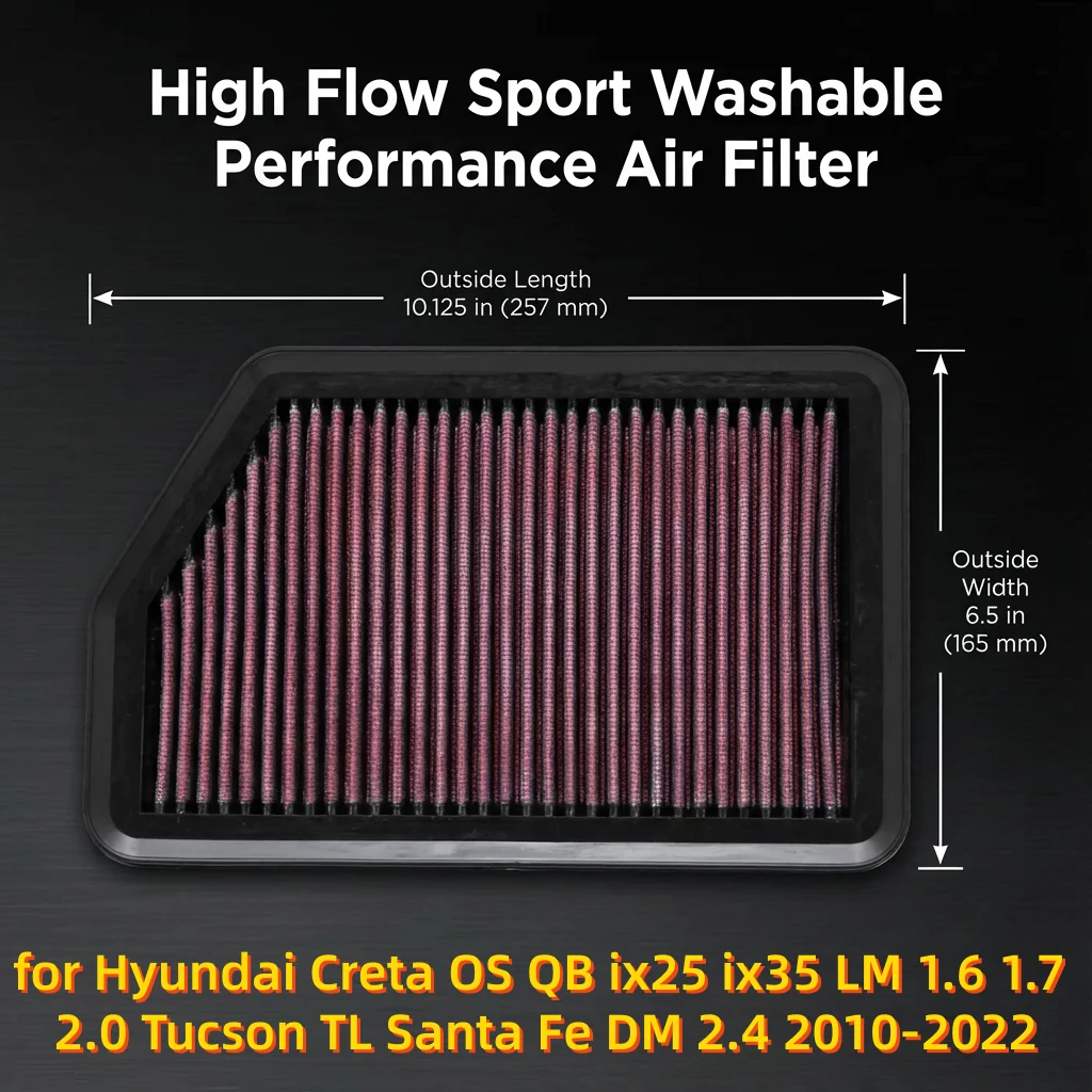 

for Hyundai Creta OS QB ix25 ix35 LM 1.6 1.7 2.0 Tucson TL Santa Fe DM 2.4 2010-2022 High Flow Sport Washable Air Filter 33-2451