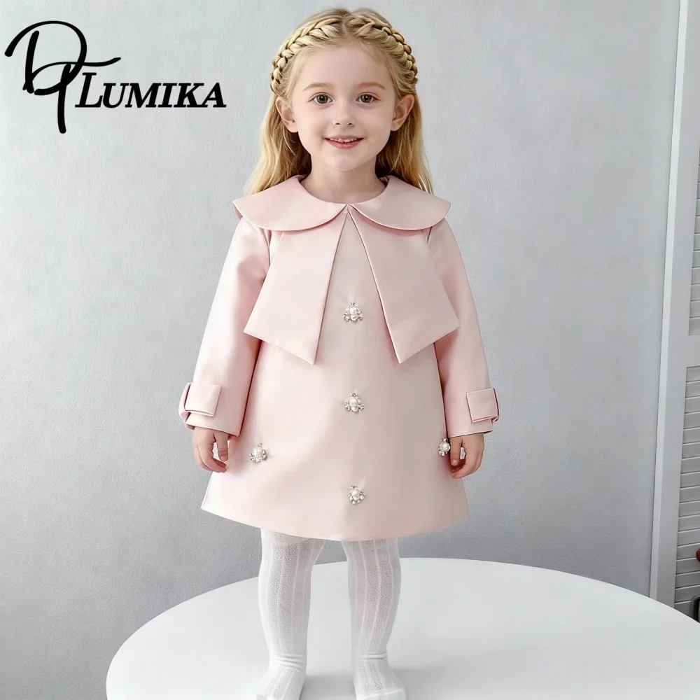 Girls New Style Cute Loose Long Sleeve Round Neck Bow Decorated Dress Kids Casual Fashion Outer Wear Skirt
