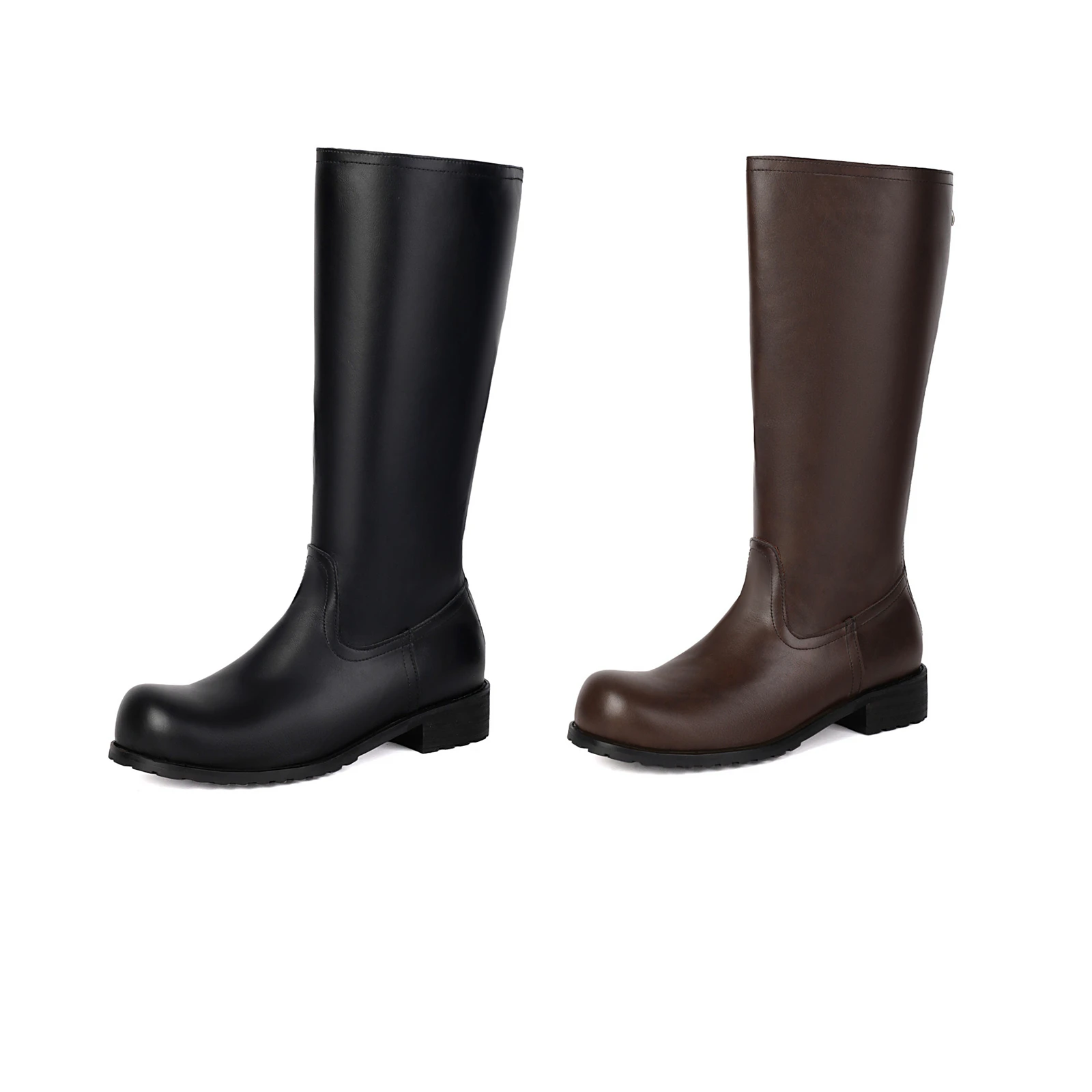 Medieval Boot Men Classic Black Knee High Boots PU Leather Tall Motorcycle Casual Boots Low Chunky Heel Square Toe Zipper