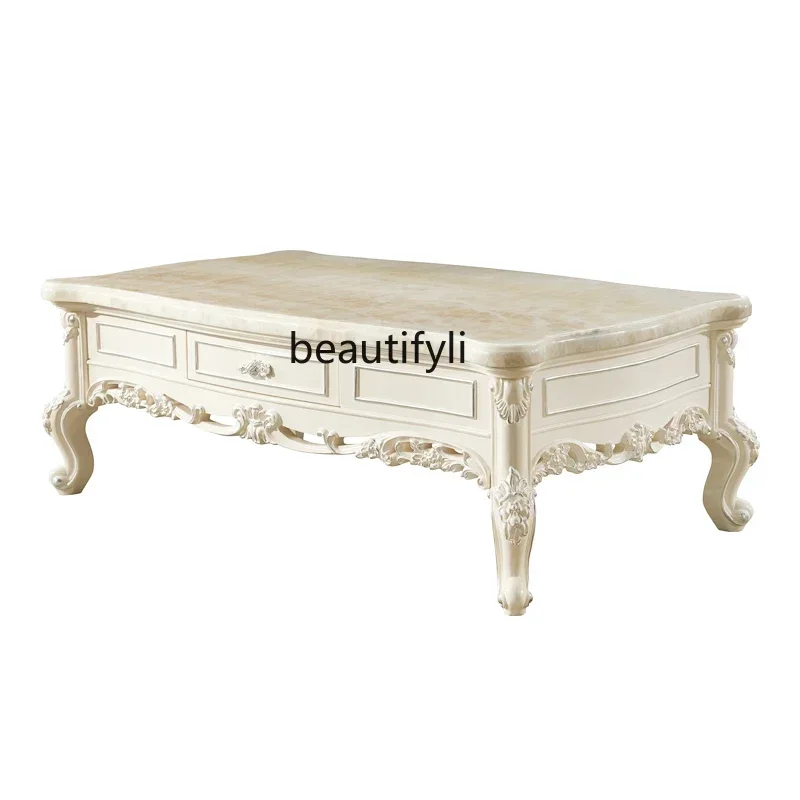 

Cy56 European marble coffee table French full solid wood carving flower 1.5 meters high foot coffee table living room