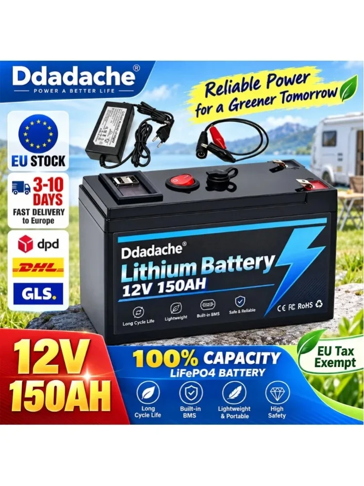 12V 150Ah LiFePO4 Lithium-Batterie mit integriertem BMS, 4000+ Tiefentladungen, Polen-Lager, für Solarpanel, USV, Kajak, Fischfinder, Radio