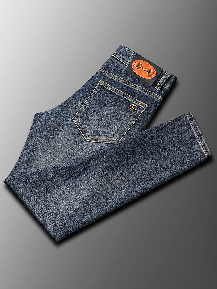 

Deep Blue Denim Jeans Men's Casual Thi Straight Leg Faionable High Waist Long Pants Cotton Stretch Denim Winter Wear