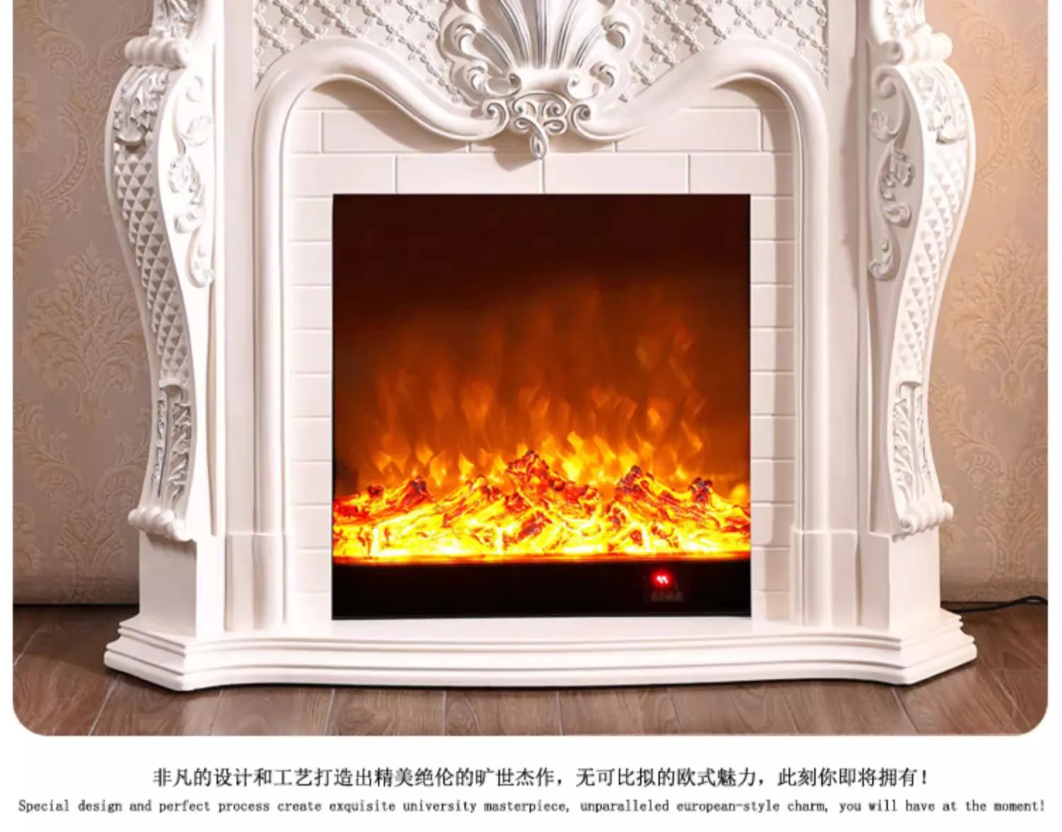 خزانة موقد كهربائية أوروبية 1.2 متر/1.5 متر، إطار من الخشب الصلب منحوتة للتدفئة باللون الأبيض العاجي الفاخر #3