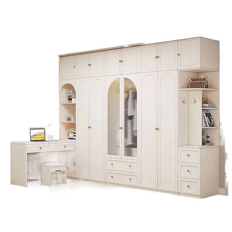 

Wardrobe Desk Integrated Combination Second Bedroom Household French Light Luxury Cream Style White