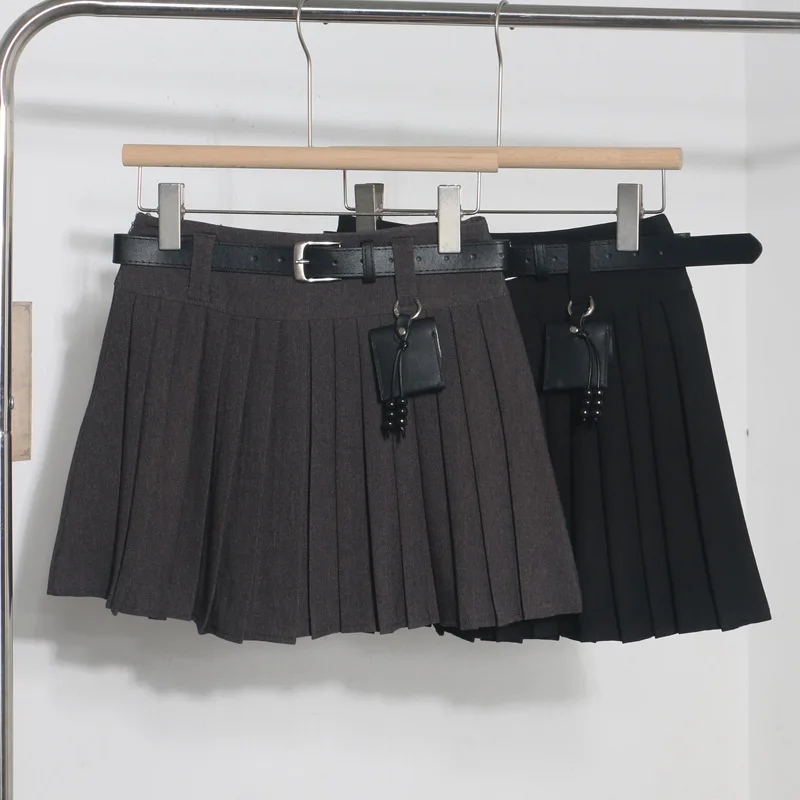 

2025 Autumn New Women's A-word Pleated Skirt High Waist Anti-light Skirt with Belt Korean Fashion Clothing