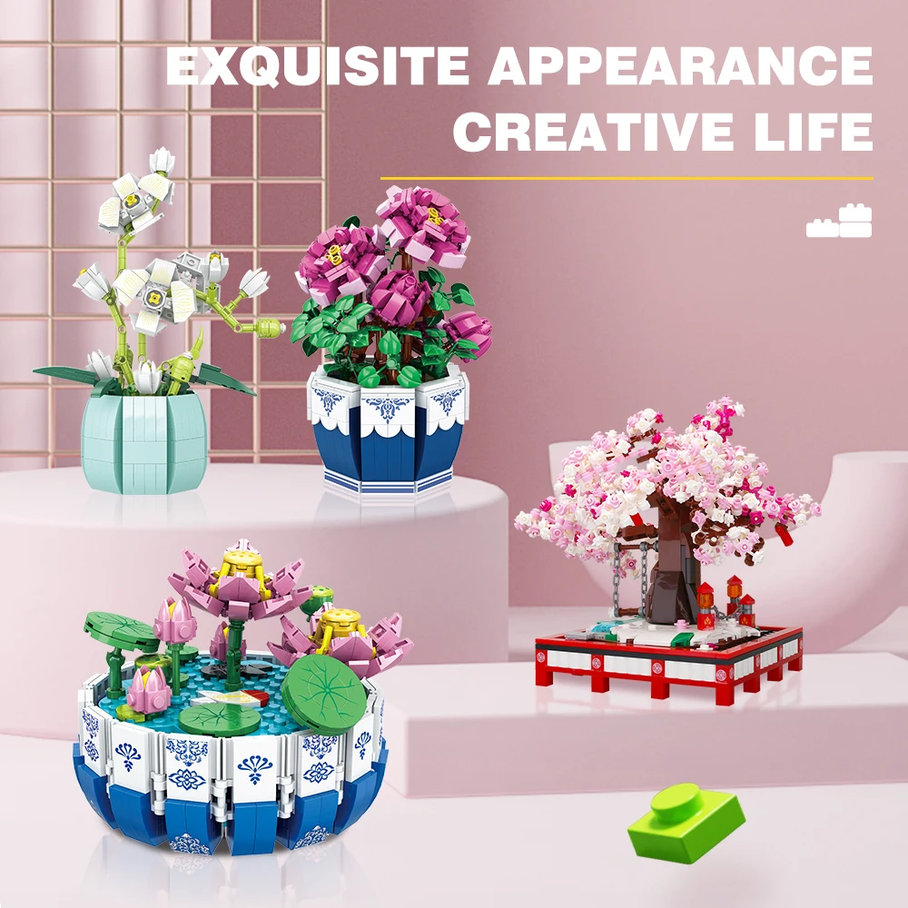 

Small Bricks Cherry Blossom Tree Building Block Kit DIY Home decoration Potted Plant Flower Botanical Construction Toy Girl Gift