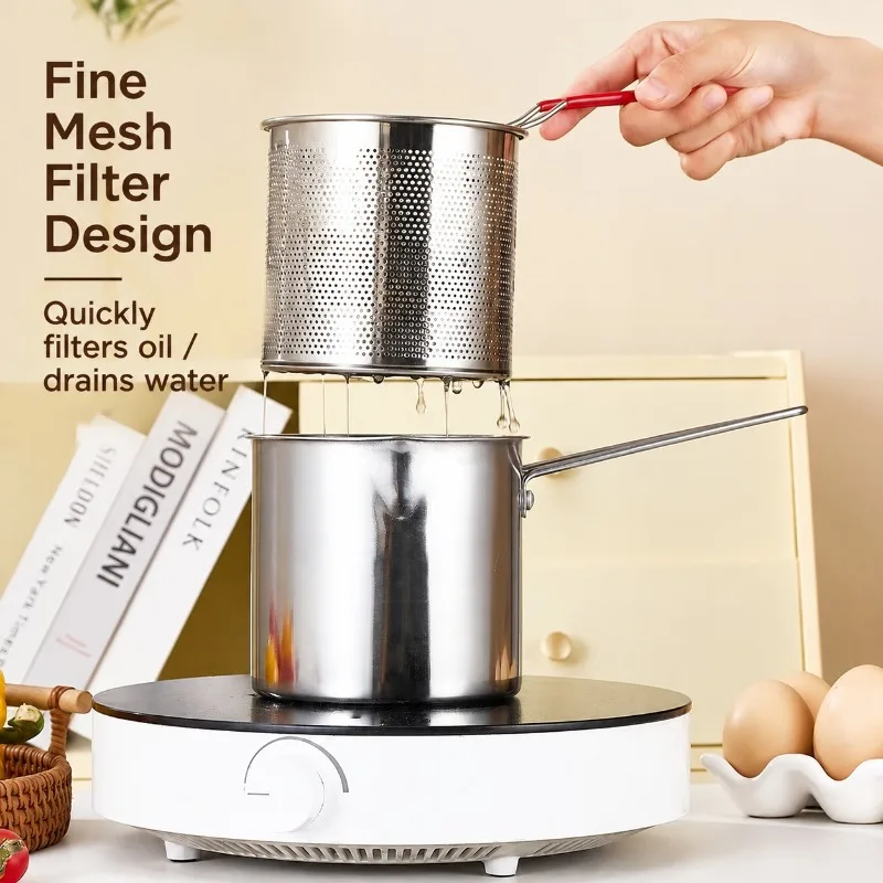 Household Stainless Steel Deep Fry Pot Mini Oil Vessel with Separate Filter Basket, Coating-Free Deep Cookware for Fried Skewers