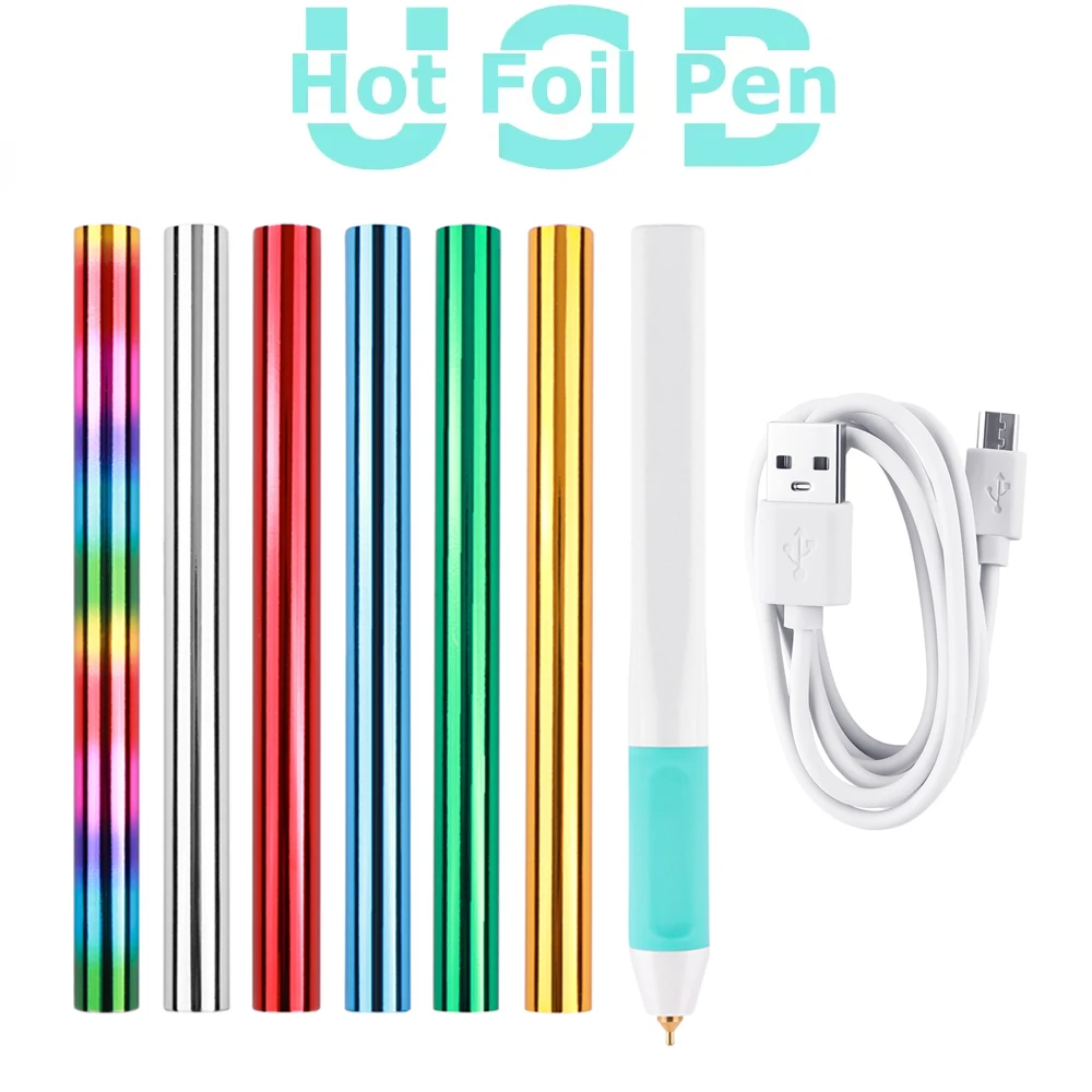 USB Hot Foil Pen with Foil Rolls 0.8/1.5mm Tip Slim handle Heat-resistant Grip DIY Calligraphy Paper Leather Lettering Project