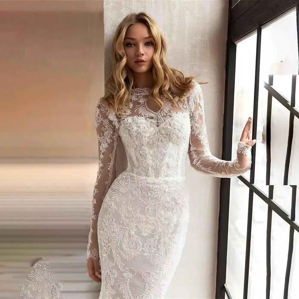 

Elegant 2025 Wedding Dress Bride Bridal Gown Lace Mermaid Long Sleeve Round Neck Formal Bridal Dress for Wedding Ceremony