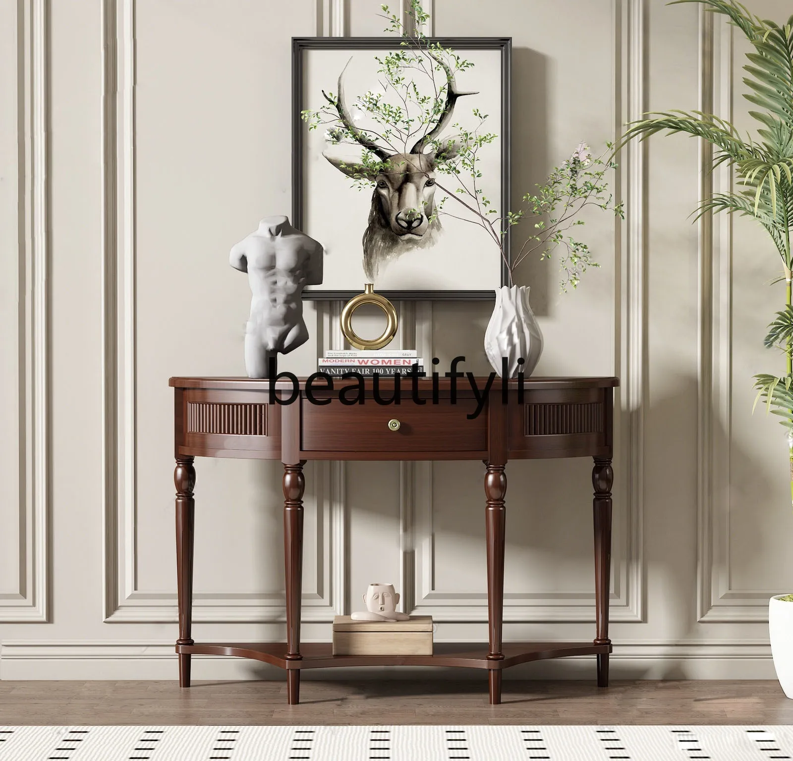 

American solid wood entrance table Middle antique entrance cabinet Semi-round extremely narrow storage wall table
