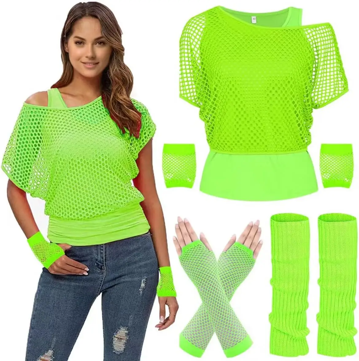 Carnival 1980s Party Mesh T-shirt Gloves Foot Covers Vest Set