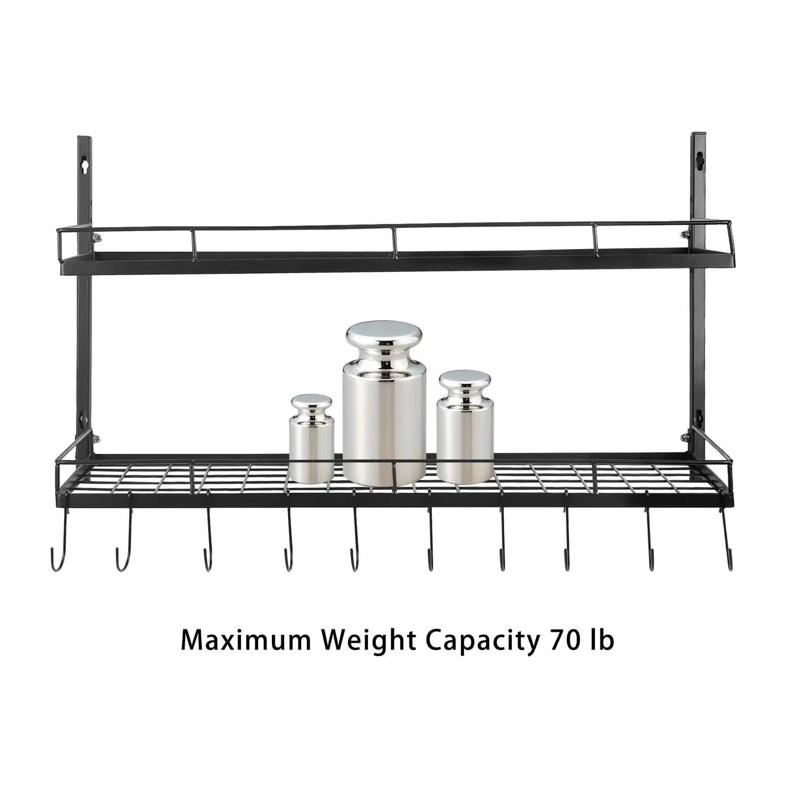 حامل وعاء معلق من طبقتين من TFCFL مثبت على الحائط، رف معلق بمقاس 26.7 بوصة مع 10 خطافات، وعاء ومقلاة قابلة للتعديل شديدة التحمل