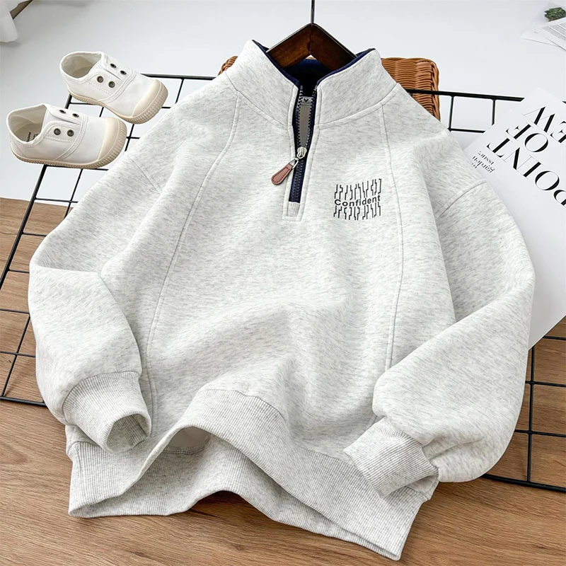 Neue warme Plüsch-Sweatshirts für Jungen, Herbst-Winter-Mode, Stehkragen, dicker Pullover, lässiges Oberteil für Kinderkleidung 3-14 Jahre – Detail 5