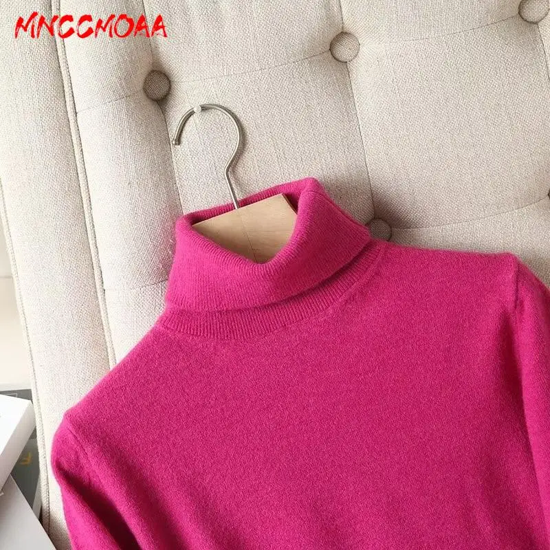 MNCCMOAA 2024 Autumn Winter Women Fashion Long Sleeve High Collar Knitted Sweater Female Solid Color Casual Tops Pullovers