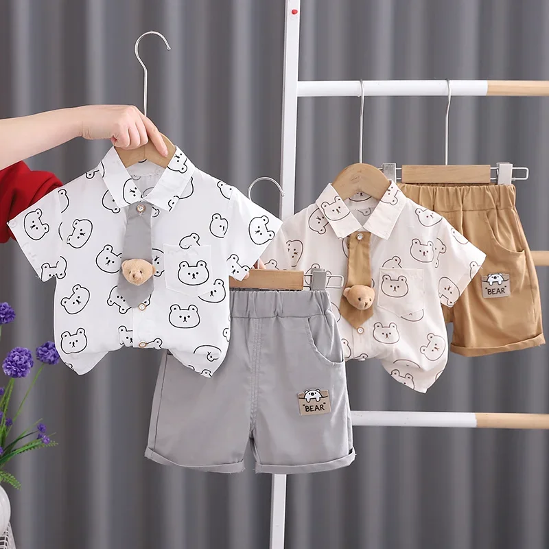 Cotton Clothes Kids Boy Summer Children Print Small Bear Shirts Shorts 2Pcs/Set Infant Kids Fashion Toddler Tracksuits 0-5 Years