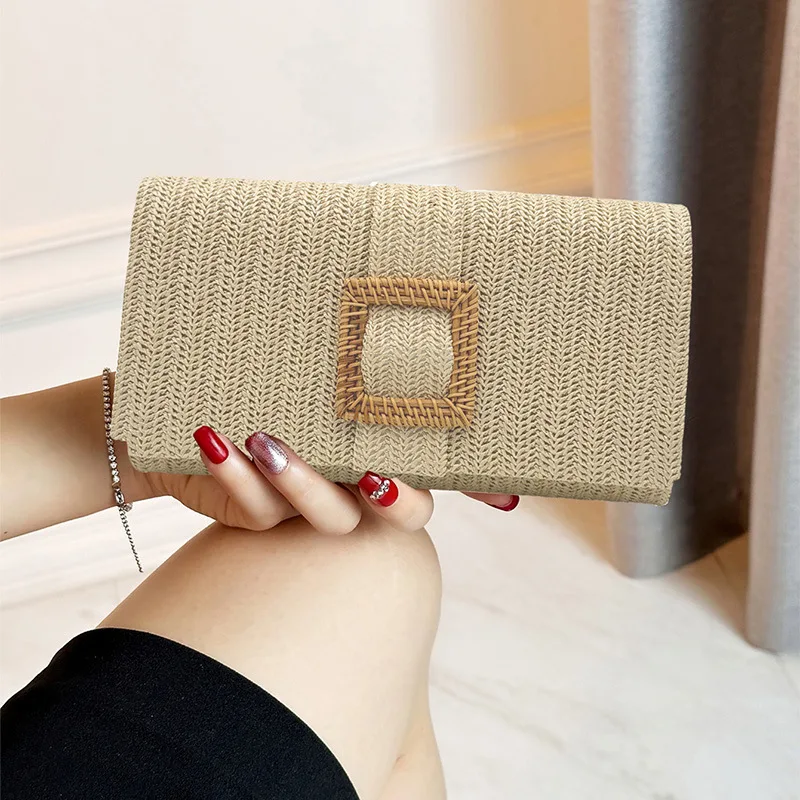 

Bohemia Ladies Clutches Handbags Vintage Khaki Brown Straw Weave Beach Small Clutch Metal Chain Shoulder Bag Crossbody For Women