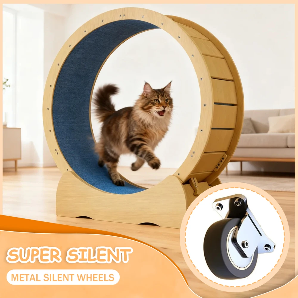 Cat Exercise Wheel for Indoor Cats, 42" Cat Treadmill Wheel with Detachable Carpeted Runway, Natural Solid Wood Sturdy Running