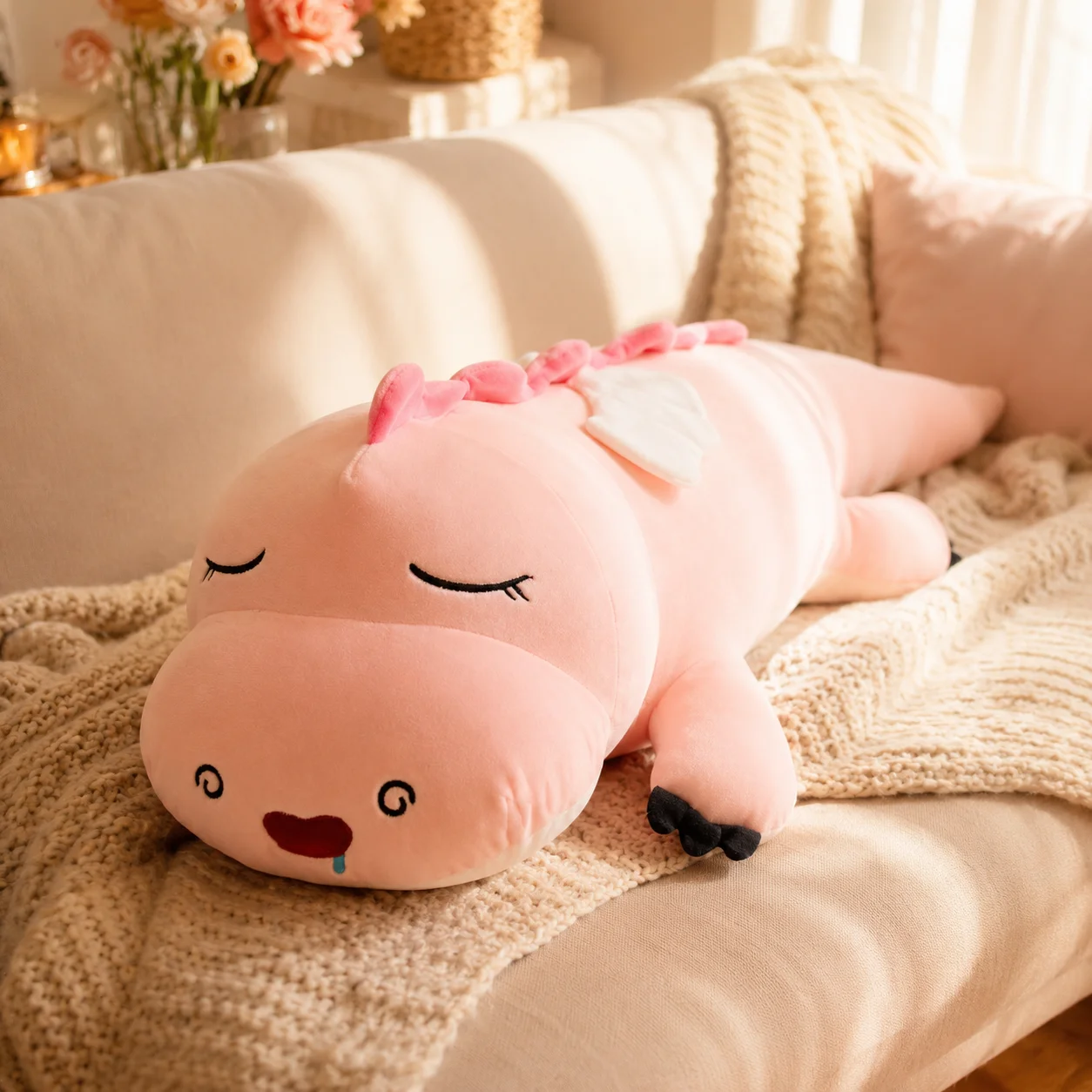 Dragon Plush Pillow 100cm Long Body Pillow, 2 Styles - Mint Green/Blush Pink, Polyester Fiber Fill, Soft Cushion for Sofa Decor