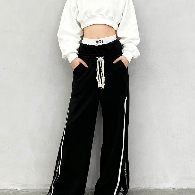 男性と女性の秋のスポーツカジュアルパンツ、ポケット付き、ドローストリング、ストライプ装飾、カップルパンツ