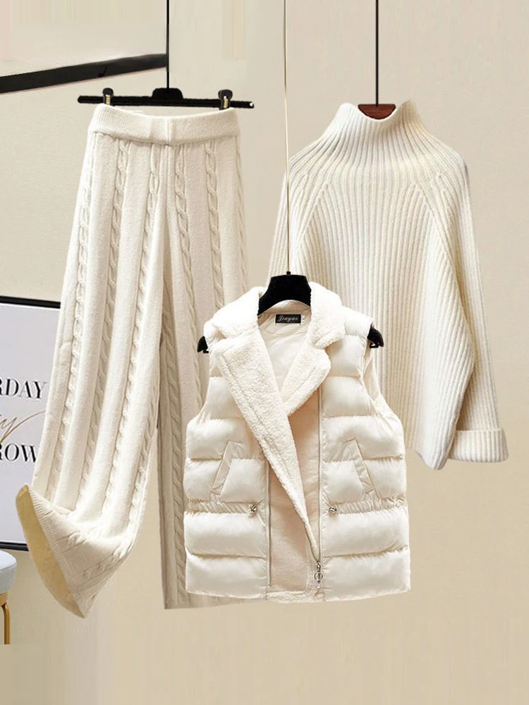 High Quality Winter Warm Three Piece Set Women Knitted Turtleneck Sweater + Lamb Wool Vest + Wide Leg Pants Women\'s Tracksuit