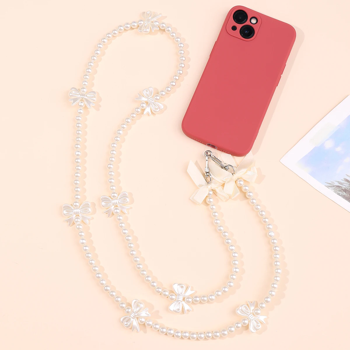 Colorful Bead Chain Pumpkin Bead Chain Plum Blossom Chain Long Oblique Cross Mobile Phone Strap with Transparent Card