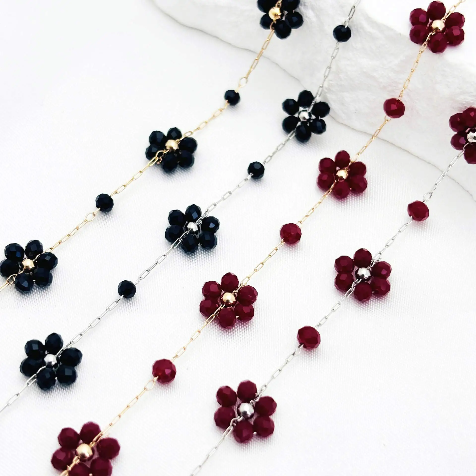 5Yards Gold Silver Tone Link Chain Multicolor Flowers Crystal Beaded DIY Crafts Handbag Clutch Shoes Clothes Decoration Supplies