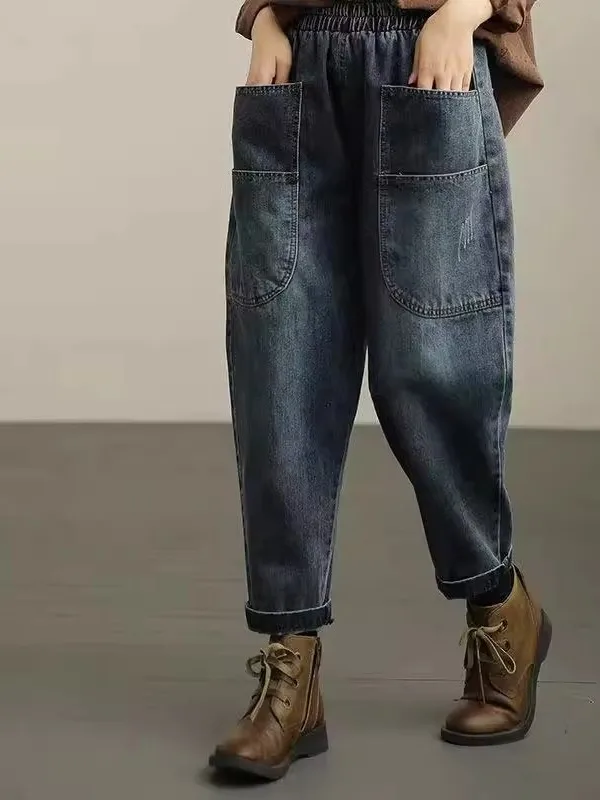 

Винтажные джинсы для папы с высокой талией Big kets Harajuku Sle, большие размеры, свободный крой, повседневные прямые синие джинсовые брюки для женщин