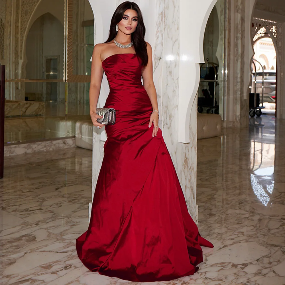 Burgundy Satin Homecoming Dress Customized Classic Strapless Sleeveless Celebrity Gowns Mermaid Evening Dress with Sweep Train