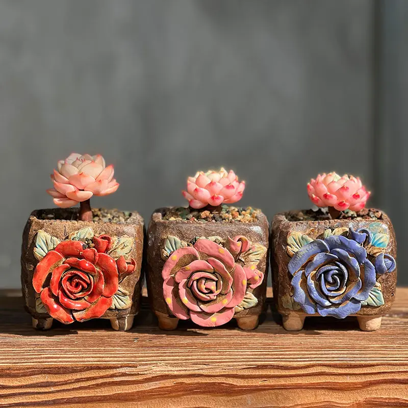 Handmade Flower Carve Succulent Flower Pot,Relief Rough Pottery Wheat Rice Stone Plant Bonsai,Desktop Decoration Craft Ornament