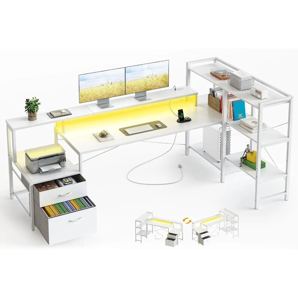 

75 inch computer desk with drawers, reversible home office gaming corner table, with LED lights and power sockets, file room