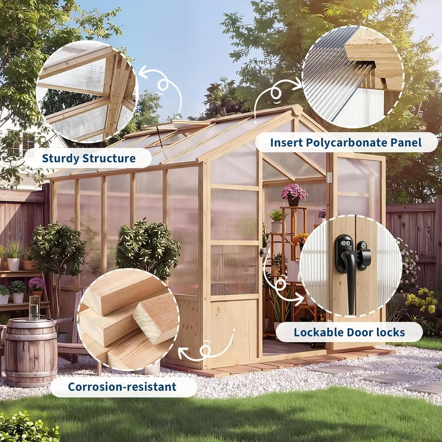 Heavy Duty Walk-in Wooden Greenhouse Kit, 4mm Polycarbonate Panels Green House with Adjustable Vents and Lockable Door