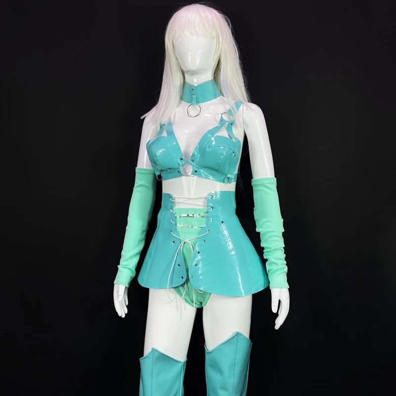 Sexy Nightclub Bar Dj Ds Rave Festival Outfits Mint Green Patent Split Bikini Shorts Gogo Costume Women Pole Dance Clothing