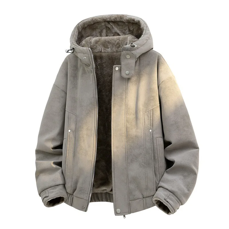 Korean Retro High Neck Hooded Zip Jacket for Men Autumn Winter Thick Warm Men's Casual Loose Jacket Reversible Hoodie Coat Y2k