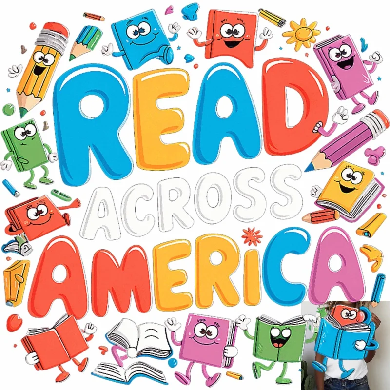 Fun Cartoon READ ACROSS AMERICA Heat Transfer White Ink Iron - on Patch, Suitable for T - shirts/Canvas Bags, School Reading