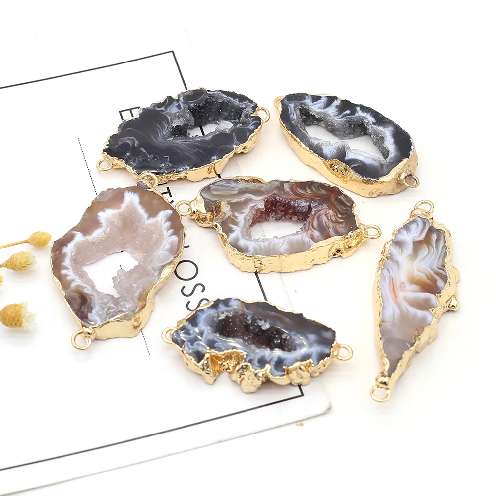 Natural Stone Pendant Irregular Marine Agate Slice Two Hole Connector Exquisite Charms For Jewelry DIY Necklace Bracelet Making