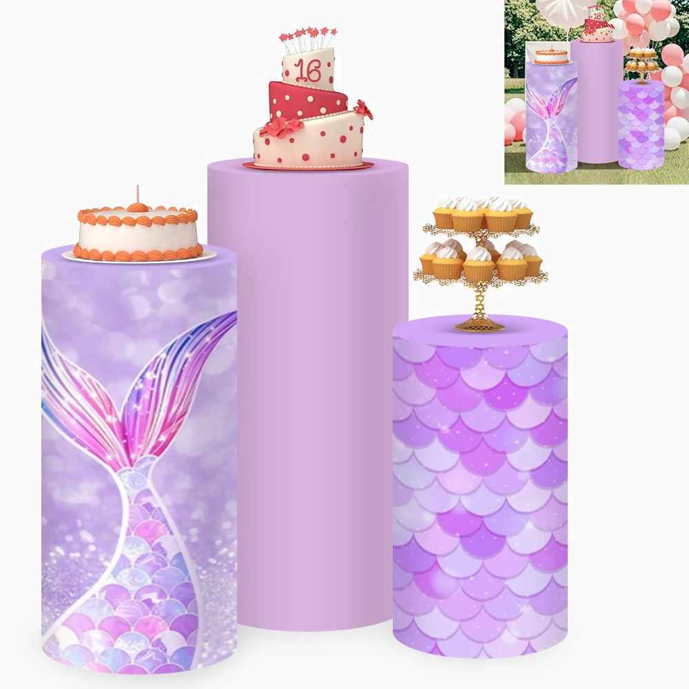 Yeele 3PCS Mermaid Cylinder Pedestal Stand Covers for Girls Birthday Party Decor Purple Fish Scales Baby Cake Column Backdrop
