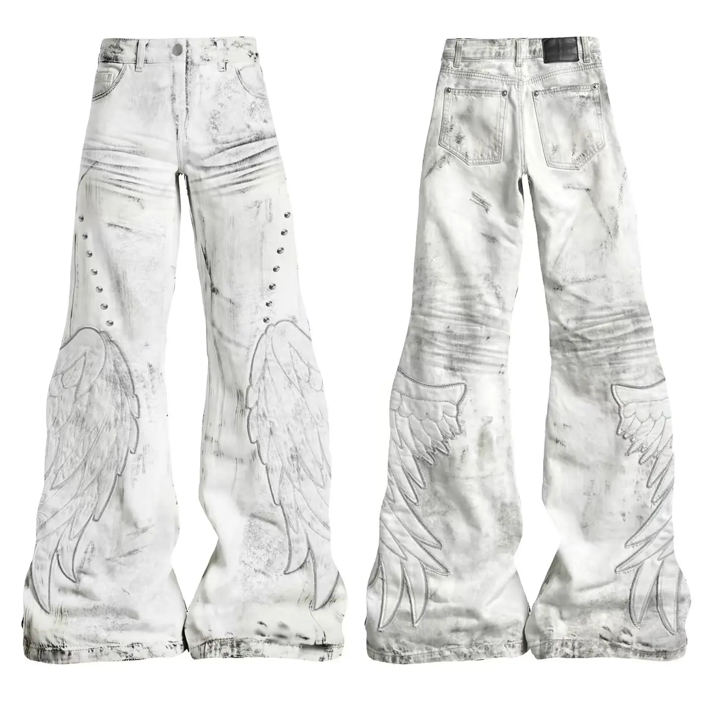 Y2K Distressed Wing Patch Embroidery Slight Flare Pants Slim Punk Jeans for Men and Women