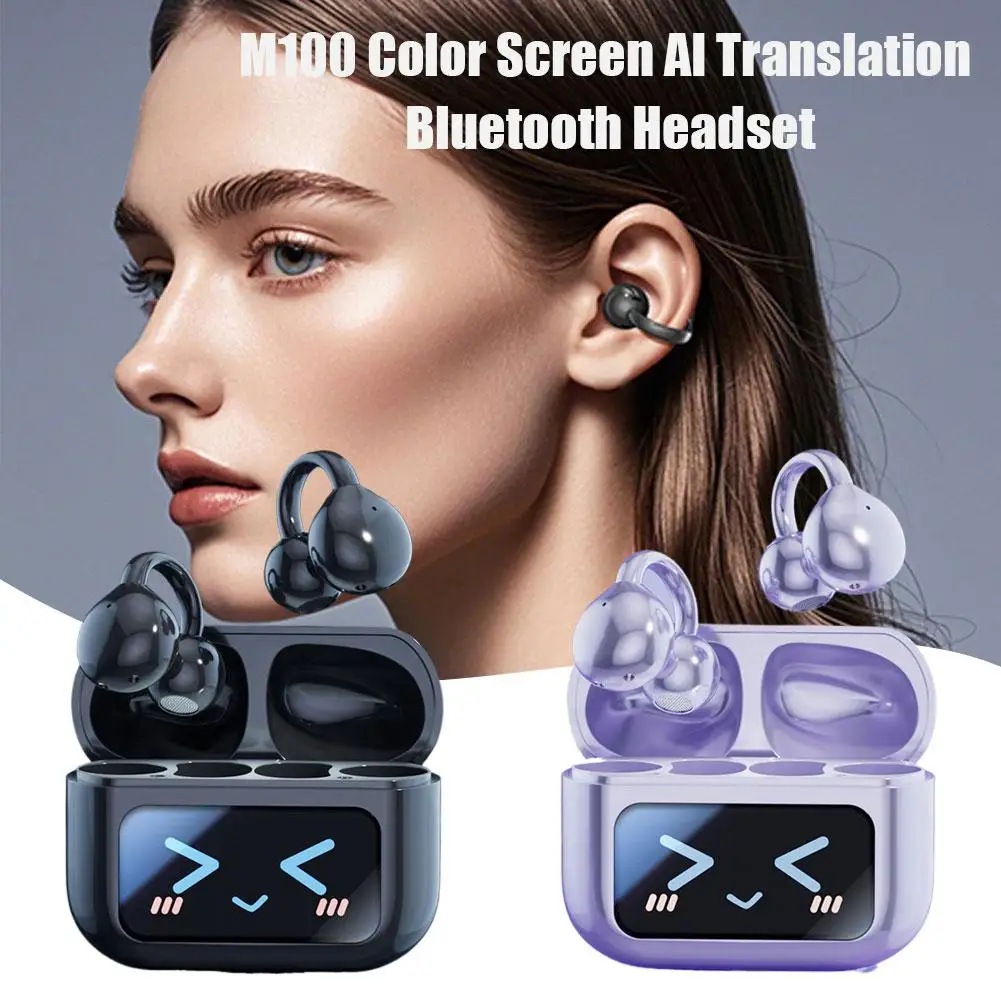 M100 New Colour Screen Translation Bluetooth Headset Ultra Long Life Ear Clip Wireless With Screen Bluetooth Headset 5.4