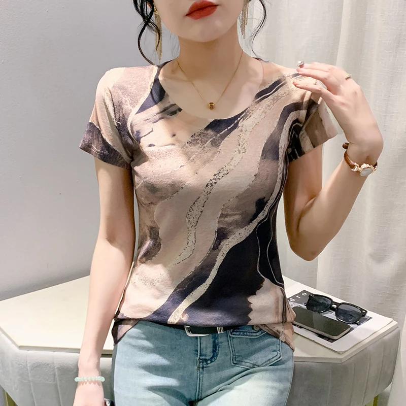 MadBlack, European Clothes Tshirt, Women Sexy O Neck Print Tops, Short Sleeve Vintage Mesh Slim Tee, 2024 Summer Autumn T48106QC