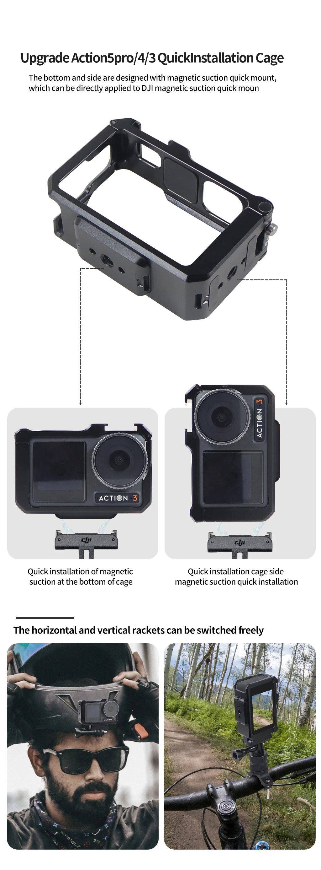 Neue Metallkäfig-Rig-Magnetgrundplatte für DJI OSMO Action 3 4 5 Pro Schutzrahmengehäuse Erweitern Sie den Kaltschuh-Montage-Stativadapter – Detail 24
