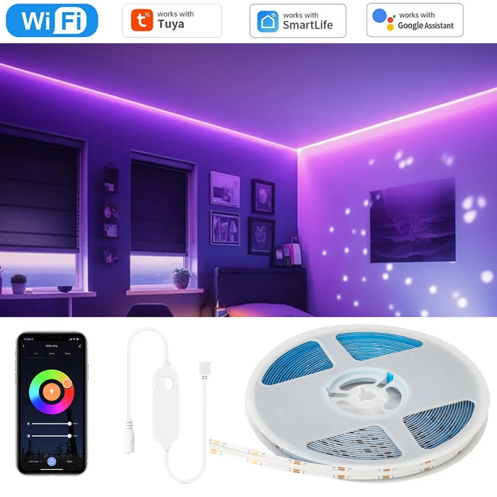 

Светодиодная лента Tuya WiFi COB RGB 12 В 1 м 2 м 3 м 4 м 5 м 10 м с регулируемой яркостью гибкий шкаф для кровати, игровой светильник, декор для Alexa Google Assistant