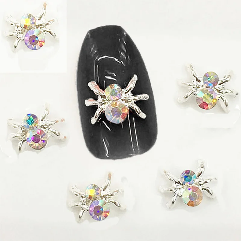 

10Pcs Silver Nail Art Rhinestones Charms 3d Nail Jewelry Spider Metal Nail Accessoires Cartoon AB Crystal Manicure Diamonds Tips